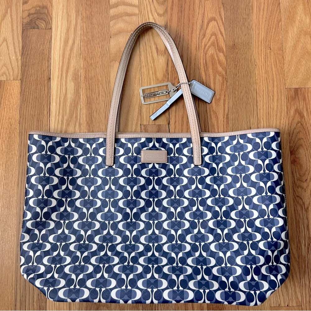 Coach Blue White Beige Signature Tote Bag Park Metro Dream C Logo F25673 - Picture 3 of 14